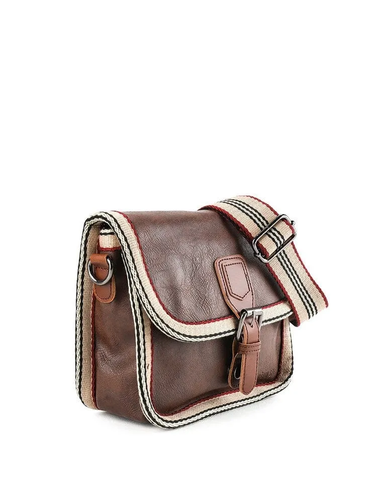 Distressed Leather Buckle Trim Crossbody Bag - Dark Brown