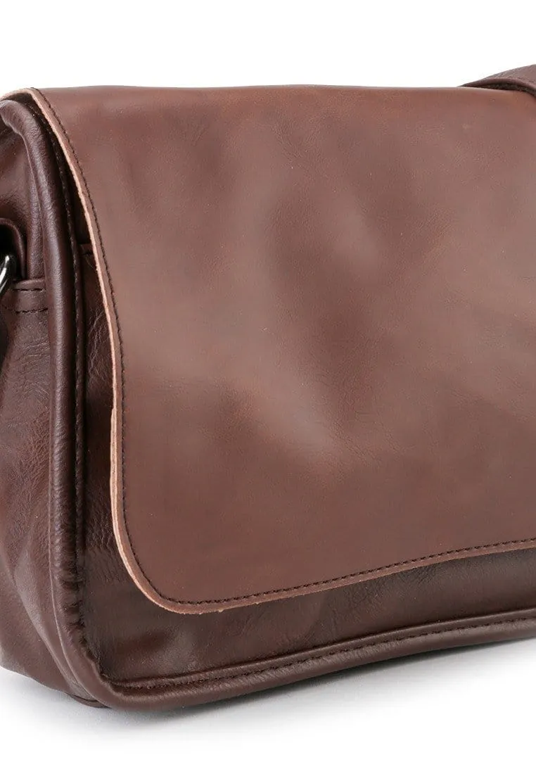 Distressed Leather Flap Shoulder Bag - Dark Brown
