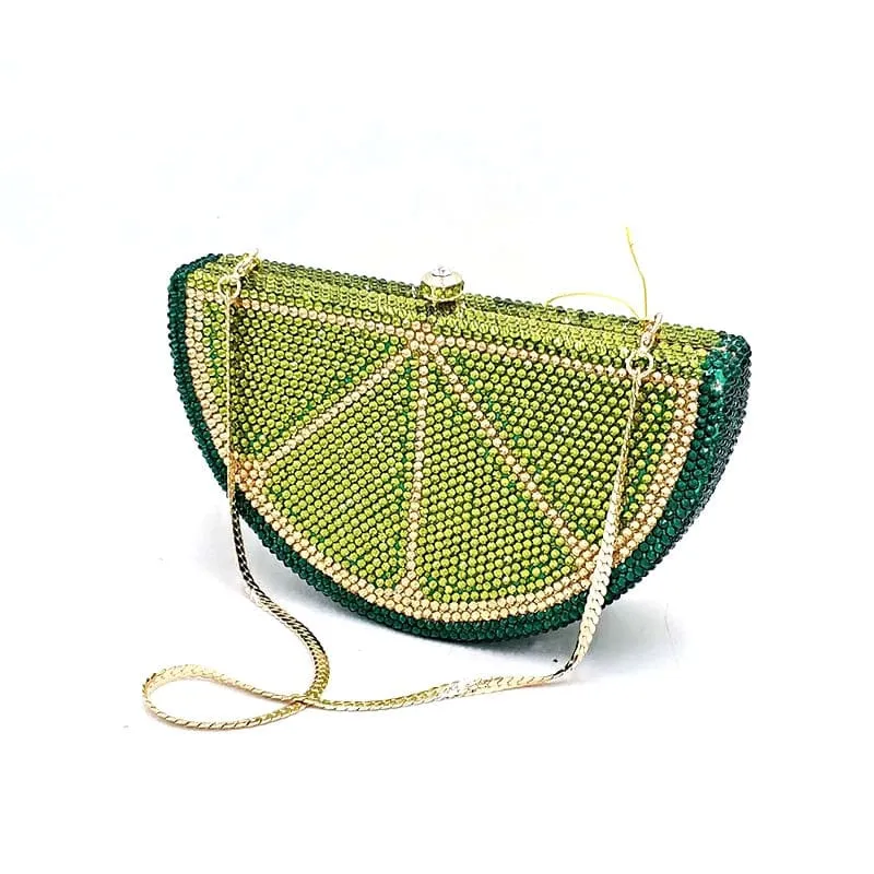 Double Sided Full Crystal Metallic Lemon Orange Fruit Clutch Evening Purse