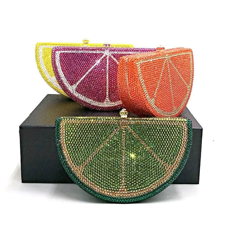 Double Sided Full Crystal Metallic Lemon Orange Fruit Clutch Evening Purse