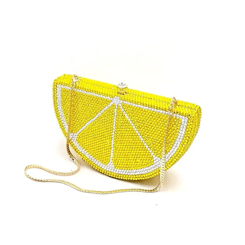 Double Sided Full Crystal Metallic Lemon Orange Fruit Clutch Evening Purse