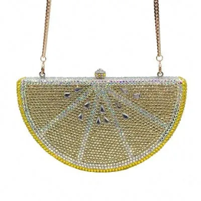Double Sided Full Crystal Metallic Lemon Orange Fruit Clutch Evening Purse