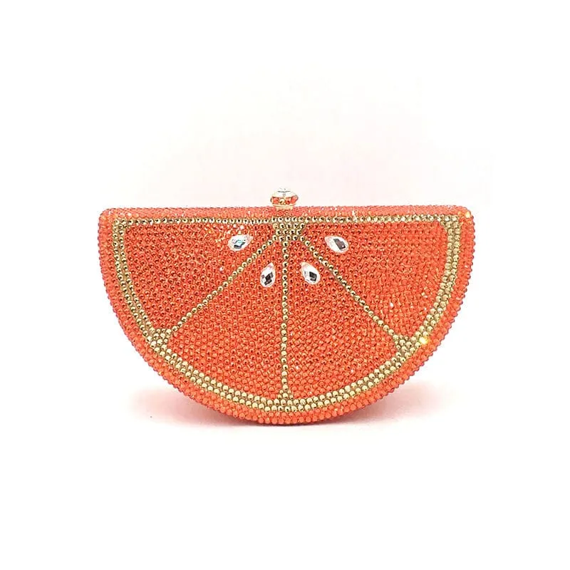 Double Sided Full Crystal Metallic Lemon Orange Fruit Clutch Evening Purse