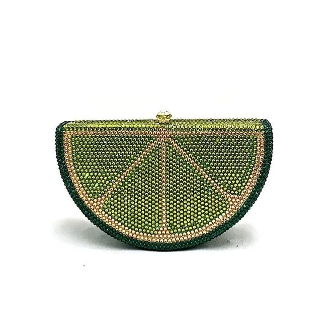 Double Sided Full Crystal Metallic Lemon Orange Fruit Clutch Evening Purse