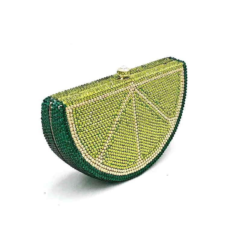 Double Sided Full Crystal Metallic Lemon Orange Fruit Clutch Evening Purse