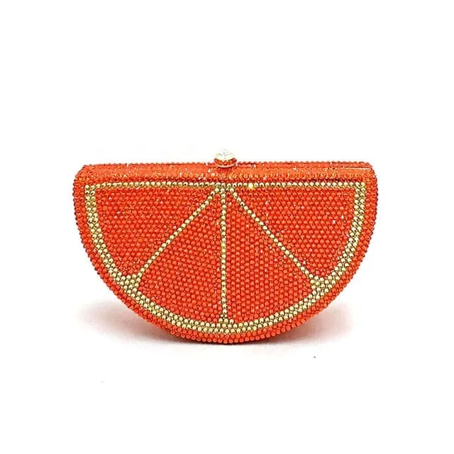 Double Sided Full Crystal Metallic Lemon Orange Fruit Clutch Evening Purse