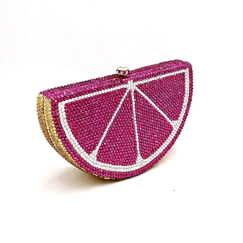 Double Sided Full Crystal Metallic Lemon Orange Fruit Clutch Evening Purse