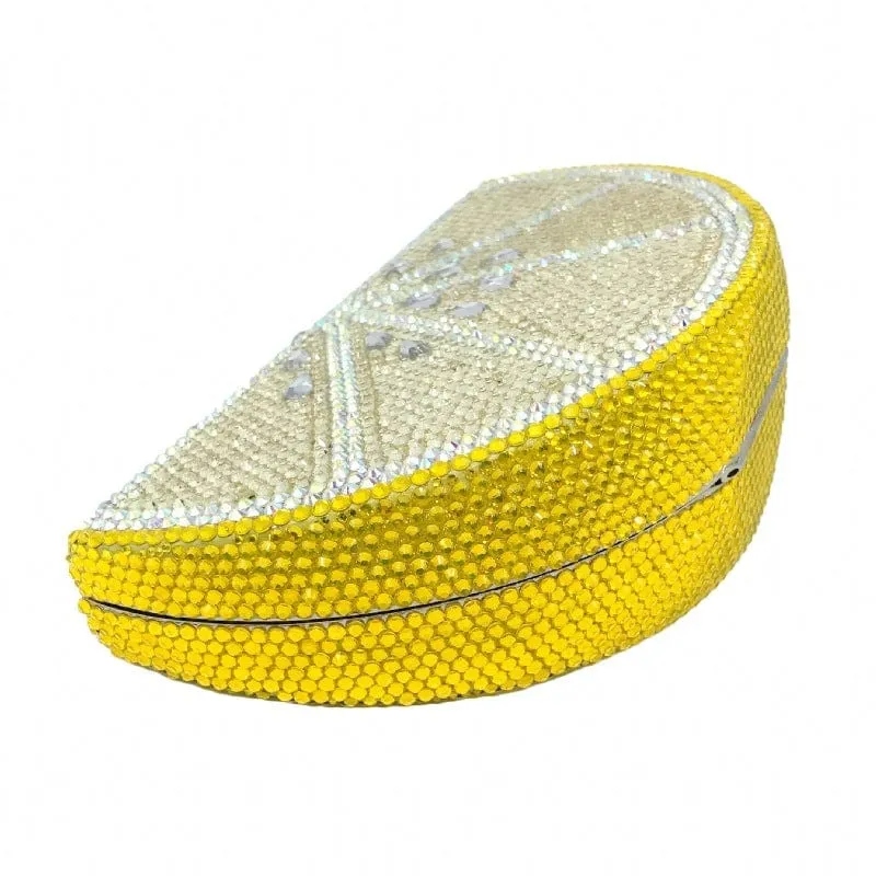 Double Sided Full Crystal Metallic Lemon Orange Fruit Clutch Evening Purse