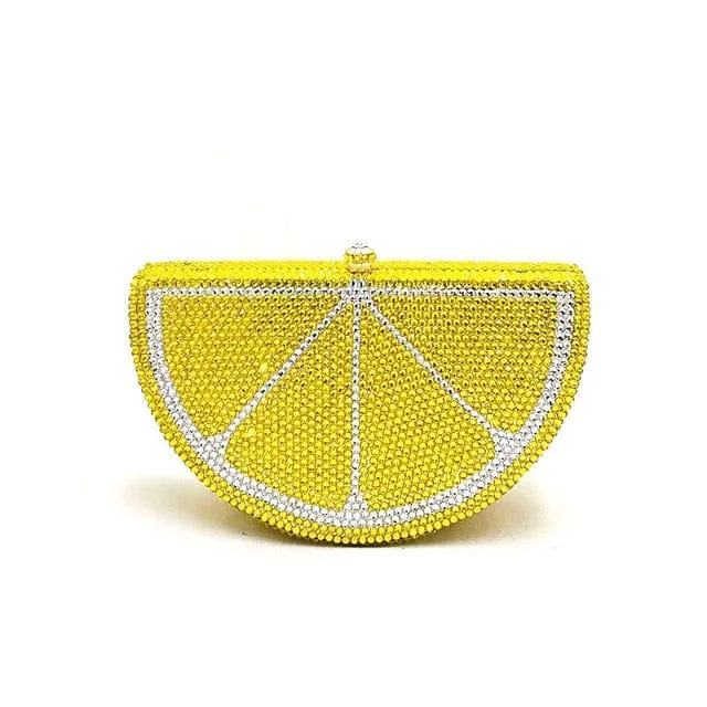 Double Sided Full Crystal Metallic Lemon Orange Fruit Clutch Evening Purse