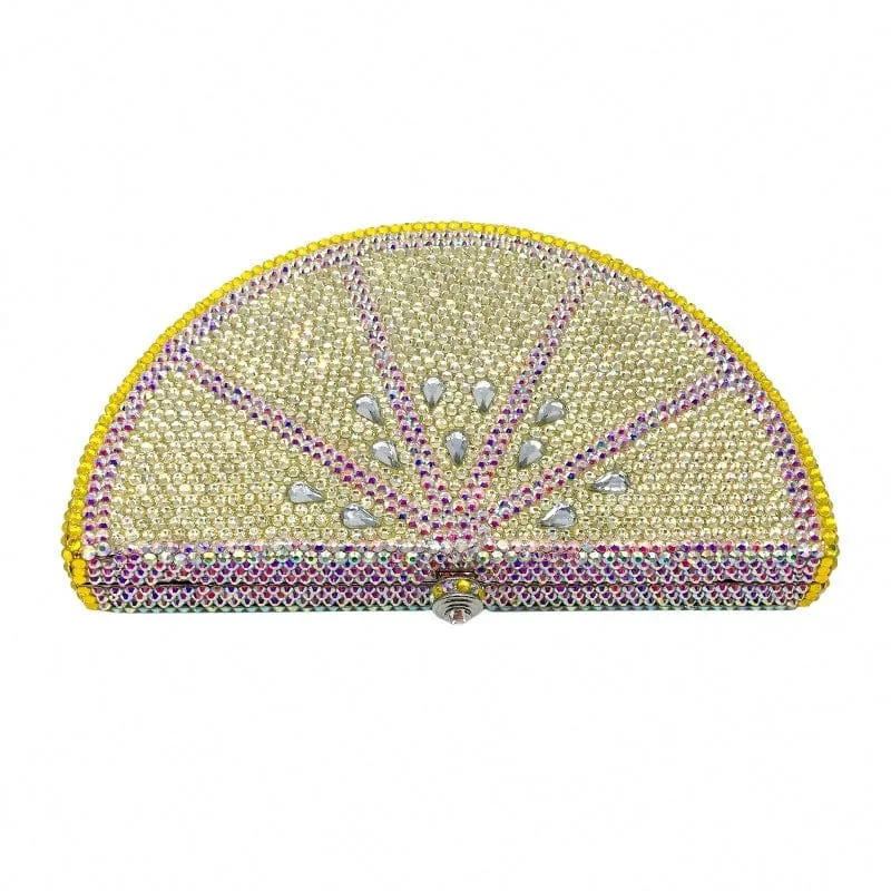 Double Sided Full Crystal Metallic Lemon Orange Fruit Clutch Evening Purse