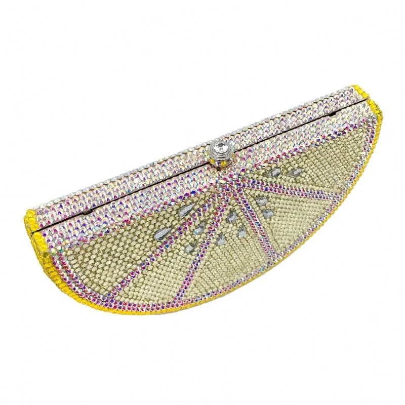 Double Sided Full Crystal Metallic Lemon Orange Fruit Clutch Evening Purse