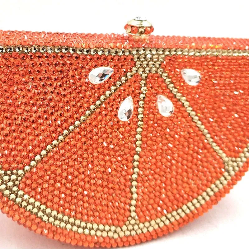 Double Sided Full Crystal Metallic Lemon Orange Fruit Clutch Evening Purse