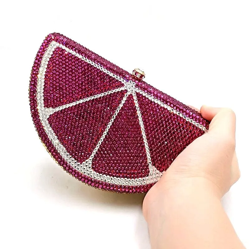 Double Sided Full Crystal Metallic Lemon Orange Fruit Clutch Evening Purse