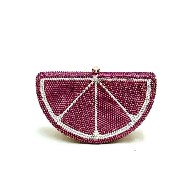 Double Sided Full Crystal Metallic Lemon Orange Fruit Clutch Evening Purse