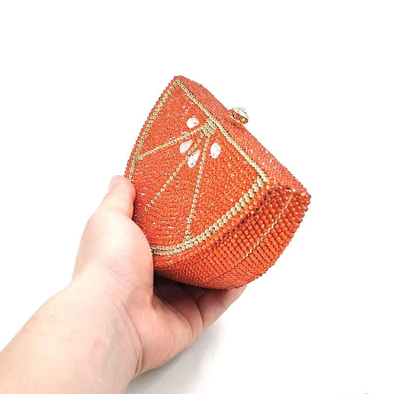Double Sided Full Crystal Metallic Lemon Orange Fruit Clutch Evening Purse