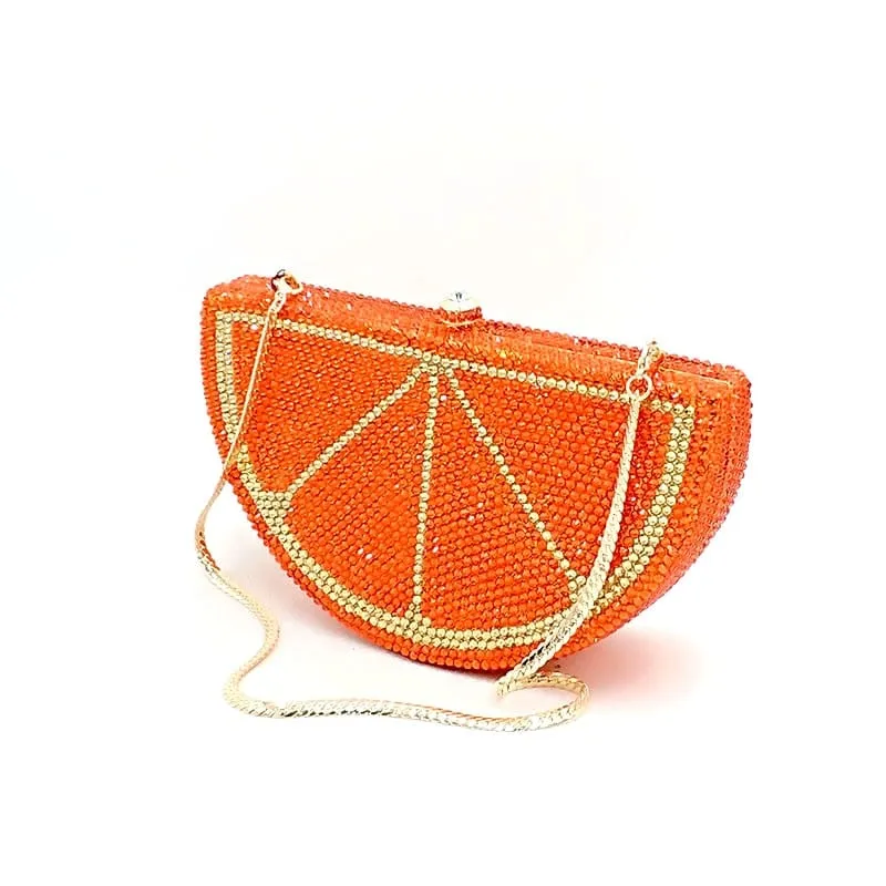 Double Sided Full Crystal Metallic Lemon Orange Fruit Clutch Evening Purse