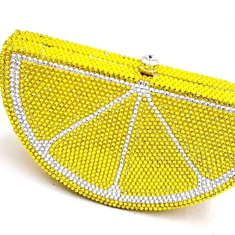 Double Sided Full Crystal Metallic Lemon Orange Fruit Clutch Evening Purse