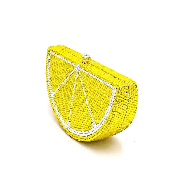 Double Sided Full Crystal Metallic Lemon Orange Fruit Clutch Evening Purse