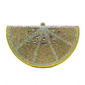 Double Sided Full Crystal Metallic Lemon Orange Fruit Clutch Evening Purse