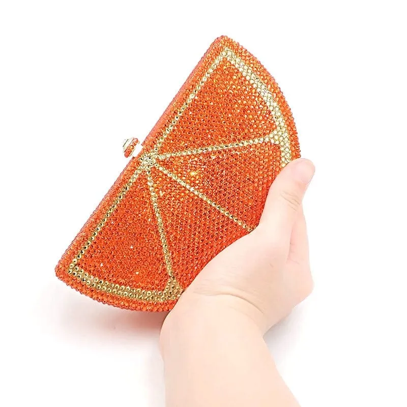 Double Sided Full Crystal Metallic Lemon Orange Fruit Clutch Evening Purse