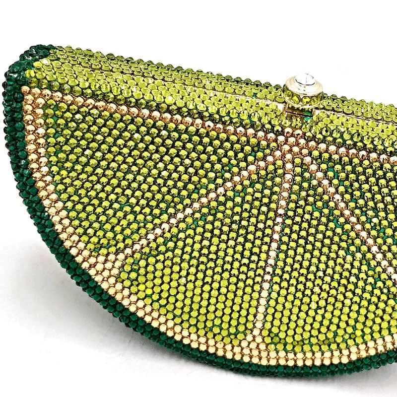 Double Sided Full Crystal Metallic Lemon Orange Fruit Clutch Evening Purse