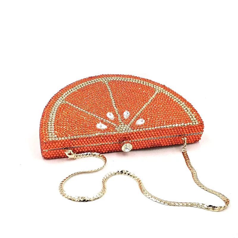 Double Sided Full Crystal Metallic Lemon Orange Fruit Clutch Evening Purse