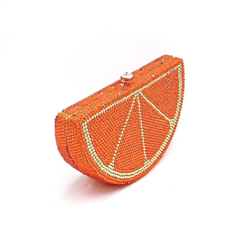 Double Sided Full Crystal Metallic Lemon Orange Fruit Clutch Evening Purse