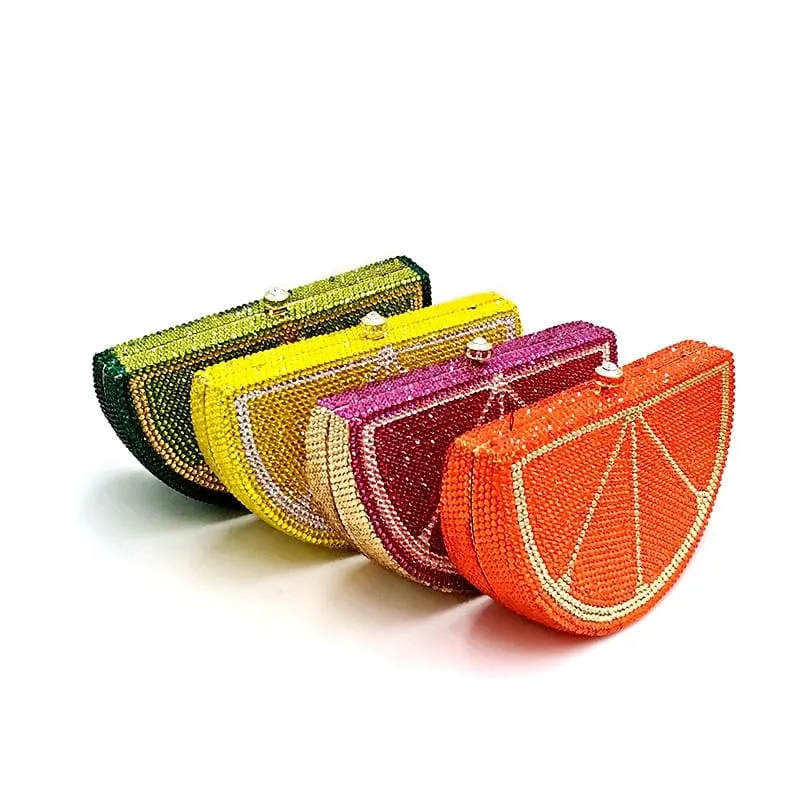 Double Sided Full Crystal Metallic Lemon Orange Fruit Clutch Evening Purse
