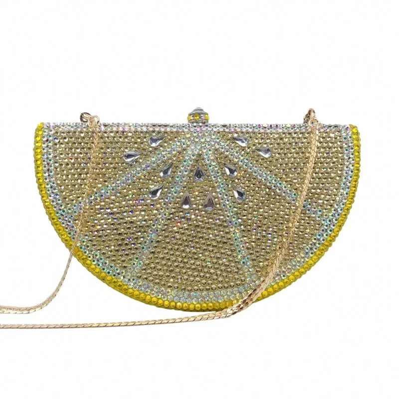 Double Sided Full Crystal Metallic Lemon Orange Fruit Clutch Evening Purse