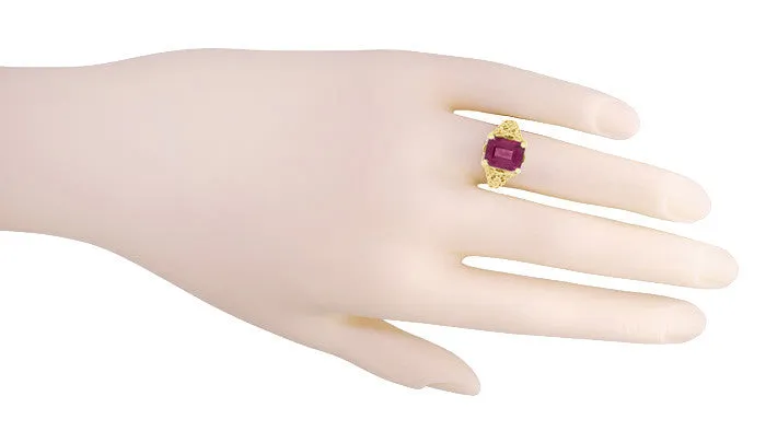 Edwardian Filigree Emerald Cut Rhodolite Garnet Engagement Ring in 14 Karat Yellow Gold