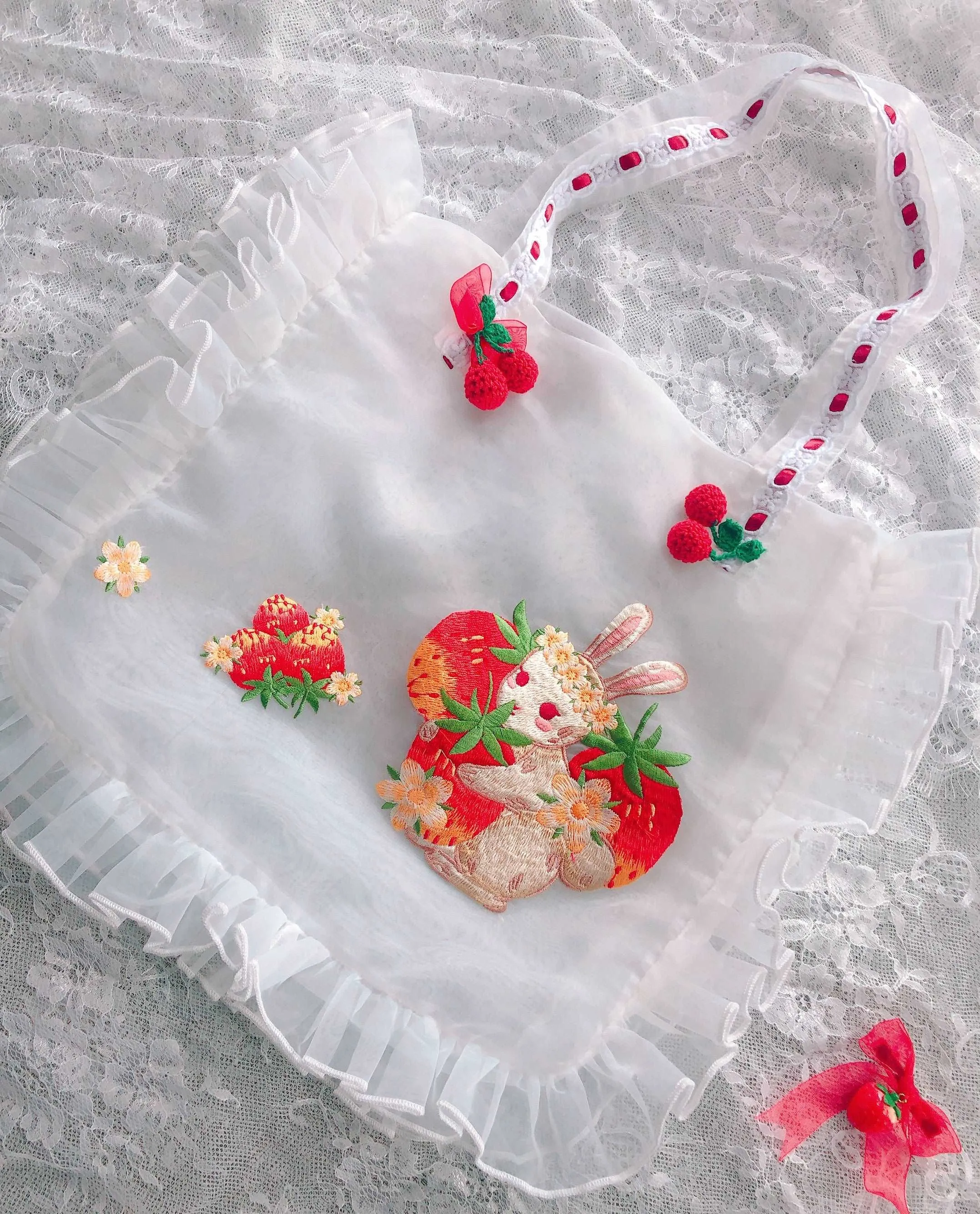 Embroidery Strawberry Rabbit Cherry Tote Bag