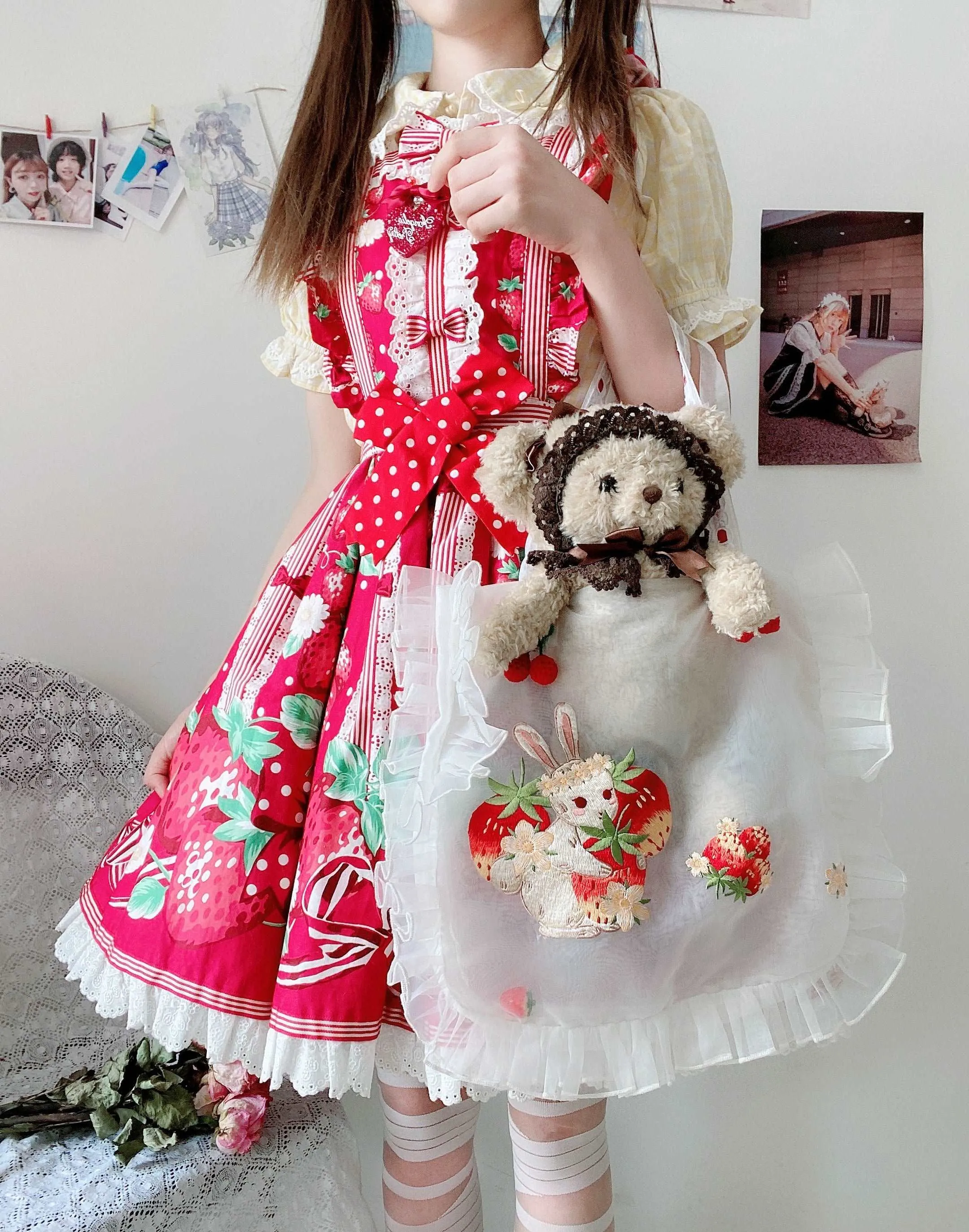 Embroidery Strawberry Rabbit Cherry Tote Bag