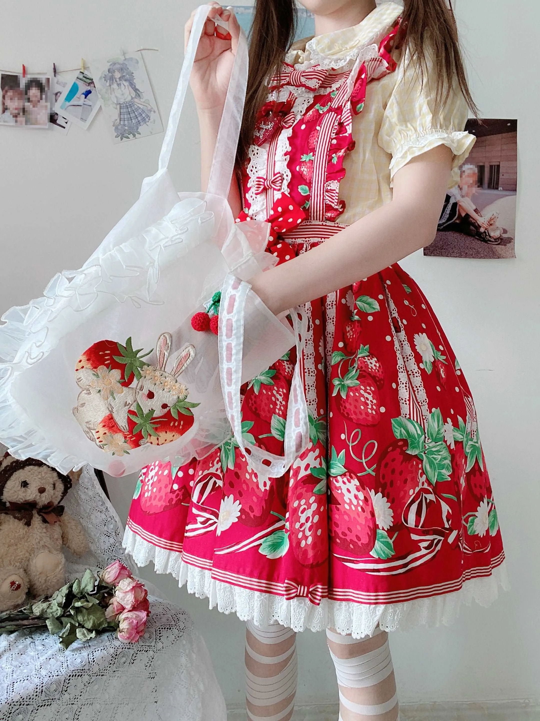 Embroidery Strawberry Rabbit Cherry Tote Bag
