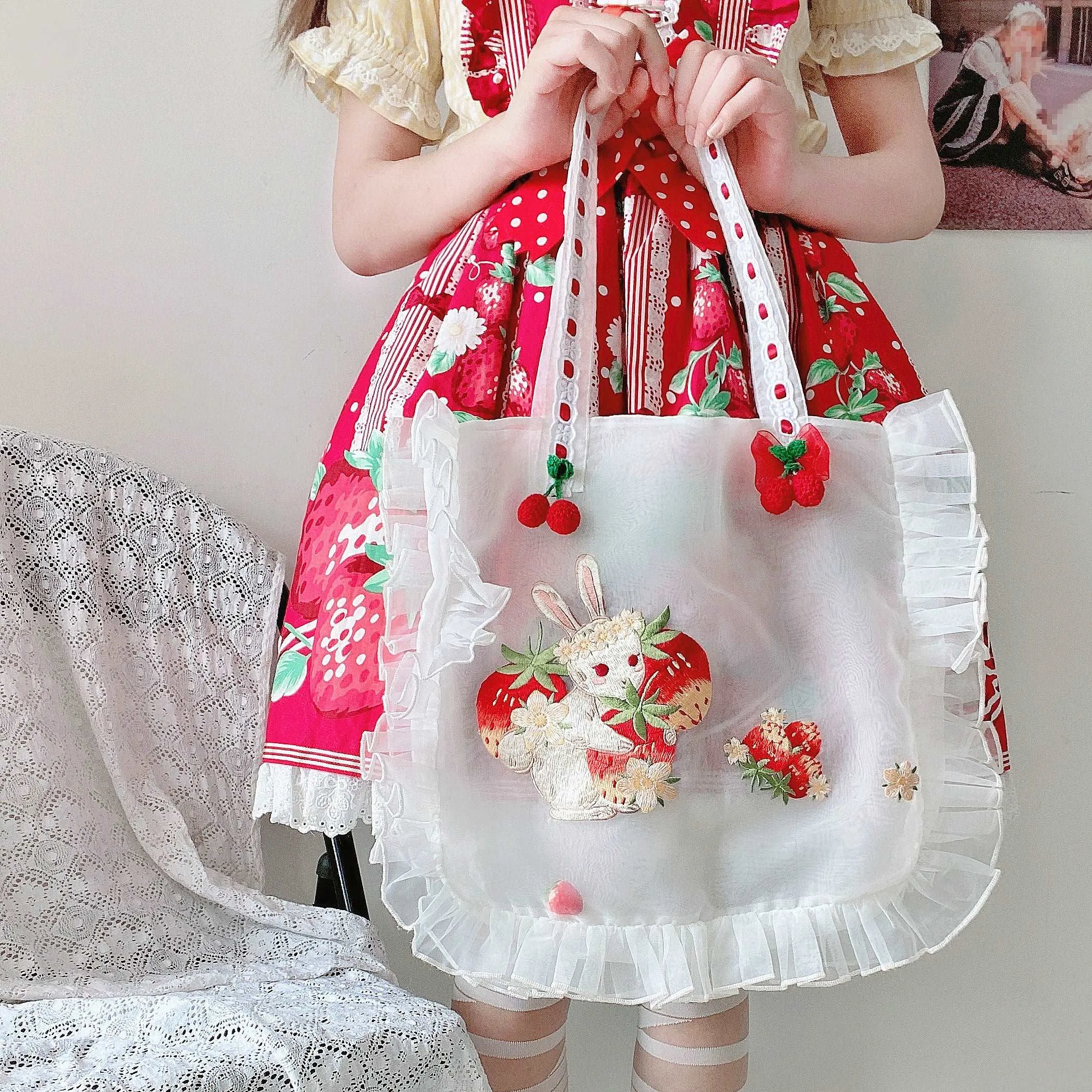 Embroidery Strawberry Rabbit Cherry Tote Bag
