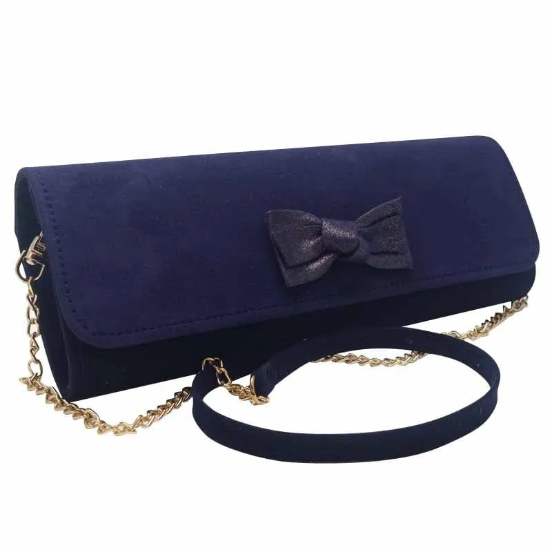 Emis Womens Suede Leather Navy Bow Detail Clutch Bag - T20 8276 Navy