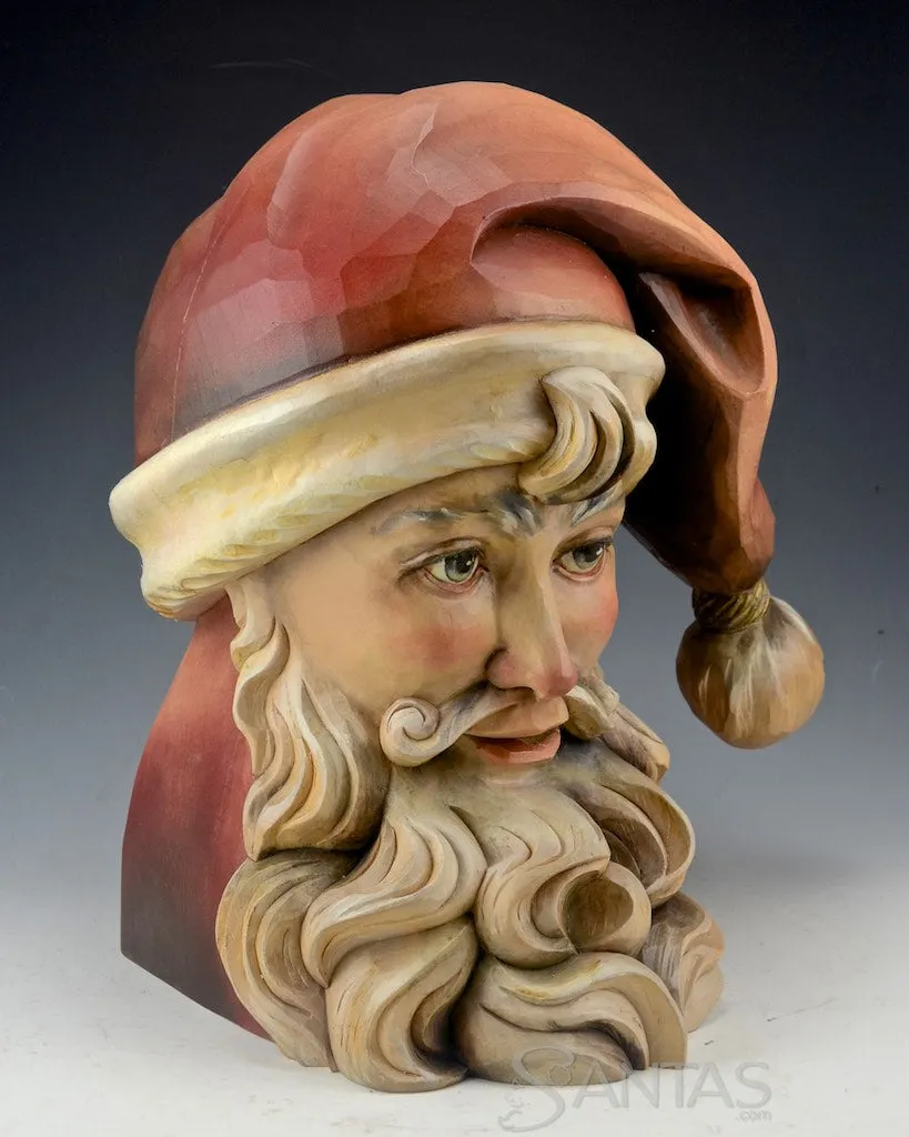 European Hand Carved Wooden Santa Claus Head