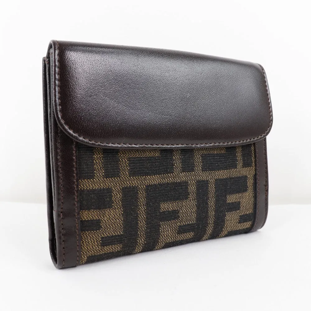 FENDI Bifold Wallet Canvas, Calfskin Brown Zucca Women Used