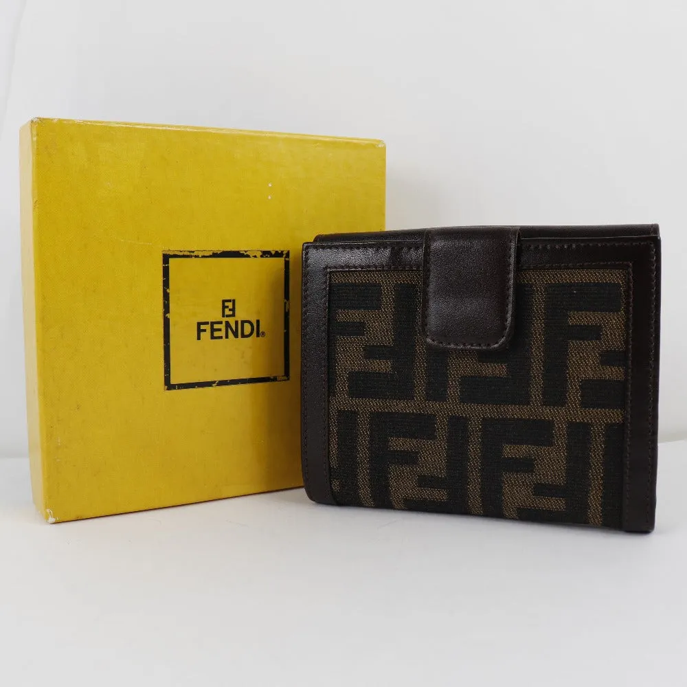 FENDI Bifold Wallet Canvas, Calfskin Brown Zucca Women Used