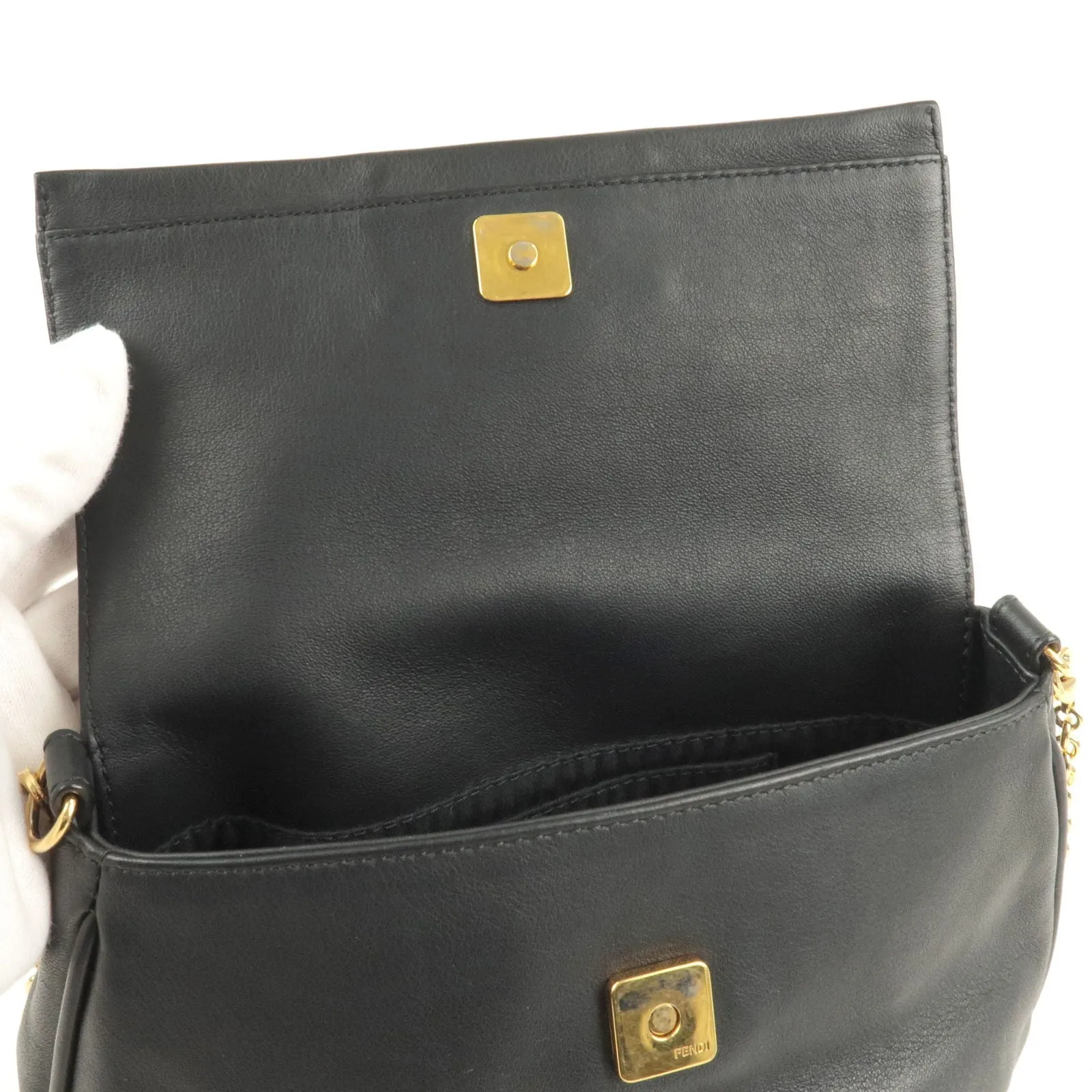 FENDI Leather Chain Shoulder Bag Clutch Black 8M0276