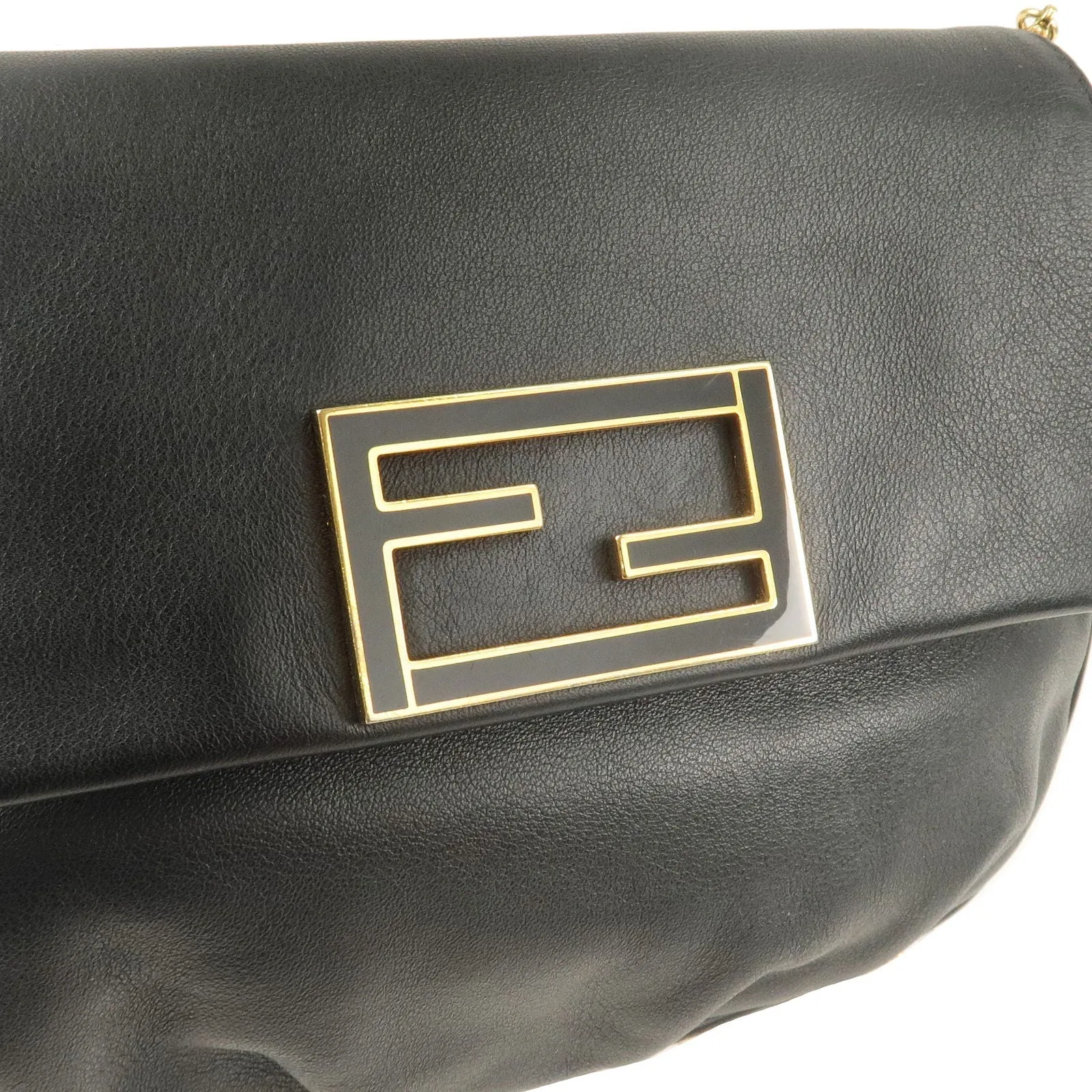FENDI Leather Chain Shoulder Bag Clutch Black 8M0276