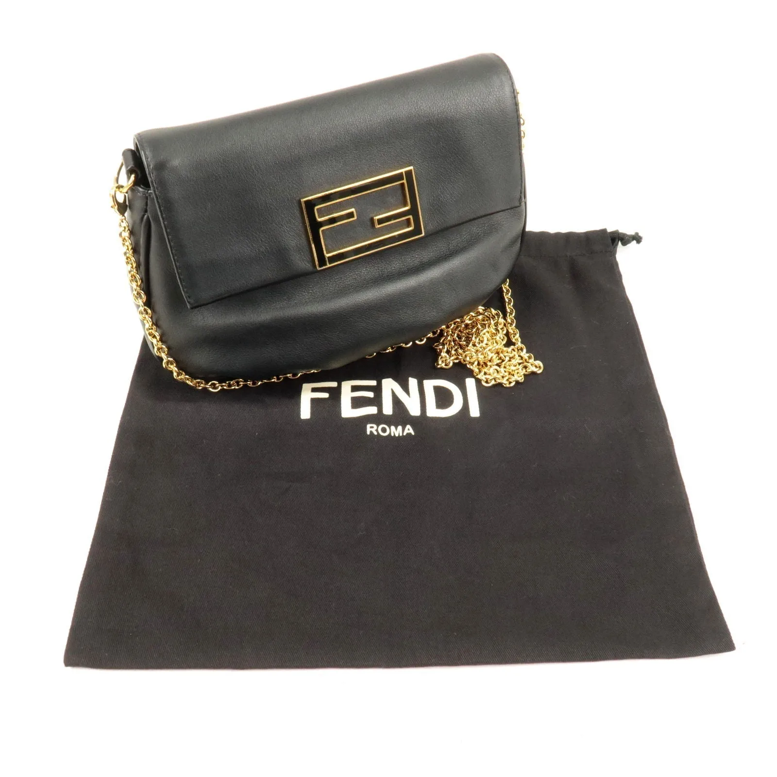 FENDI Leather Chain Shoulder Bag Clutch Black 8M0276