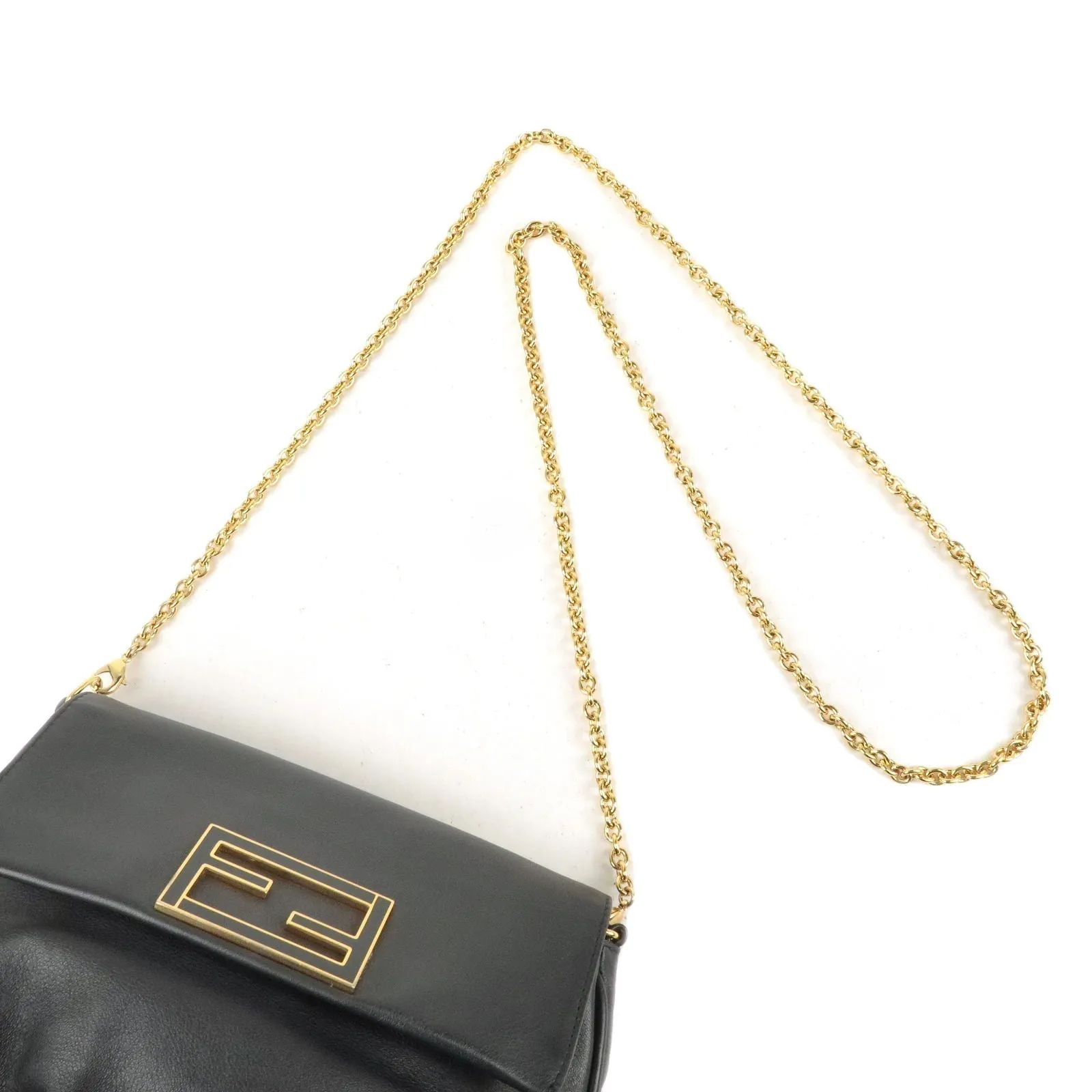 FENDI Leather Chain Shoulder Bag Clutch Black 8M0276