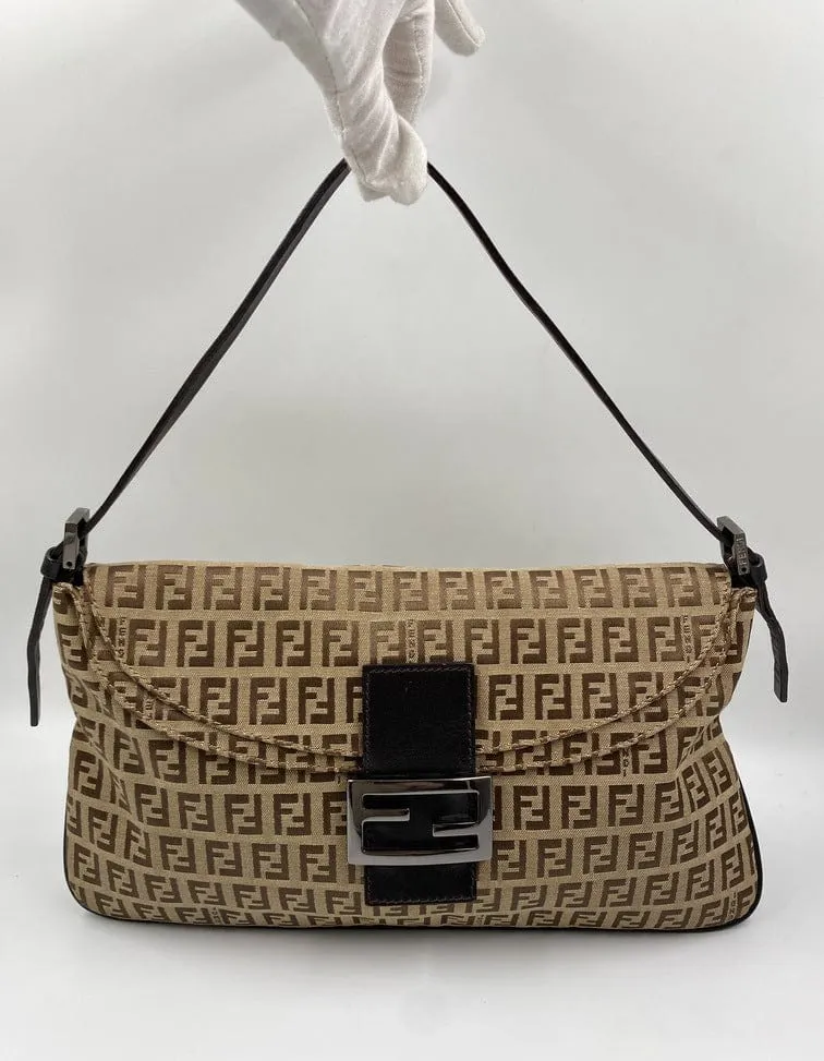 Fendi Vintage Zucchino Double Flap Bag in Classic Zucchino Beige Brown Canvas