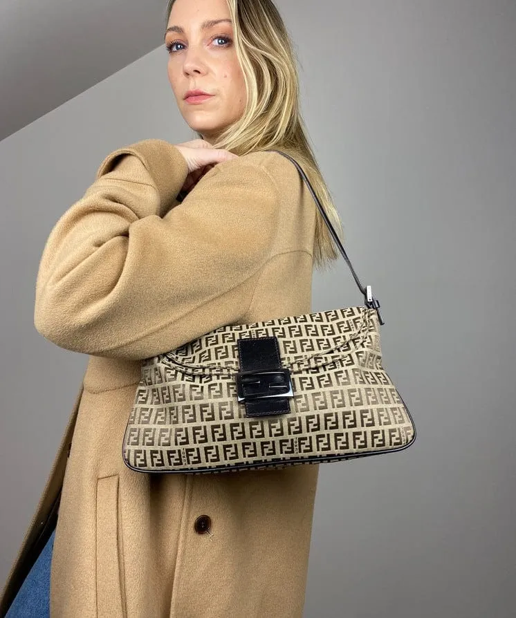 Fendi Vintage Zucchino Double Flap Bag in Classic Zucchino Beige Brown Canvas