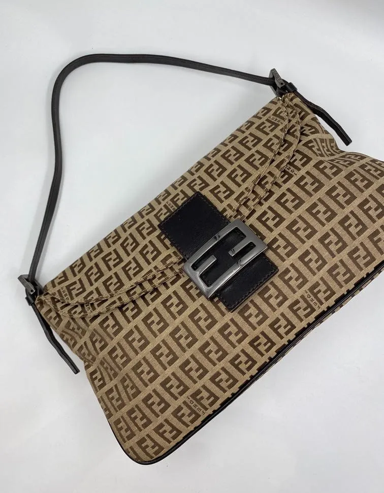 Fendi Vintage Zucchino Double Flap Bag in Classic Zucchino Beige Brown Canvas