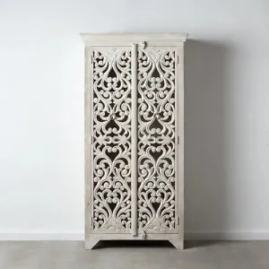 Hand Carved White Solid Wooden Floral Pattern Armoire Wardrobe