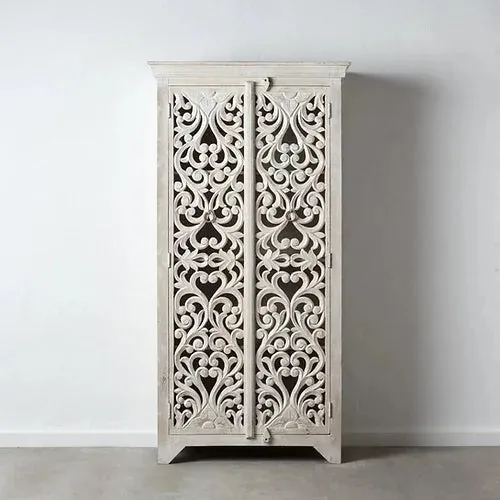 Hand Carved White Solid Wooden Floral Pattern Armoire Wardrobe