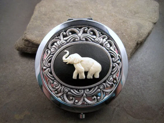 Handmade Victorian Oxidized Silver Elephant Cameo Compact Mirror