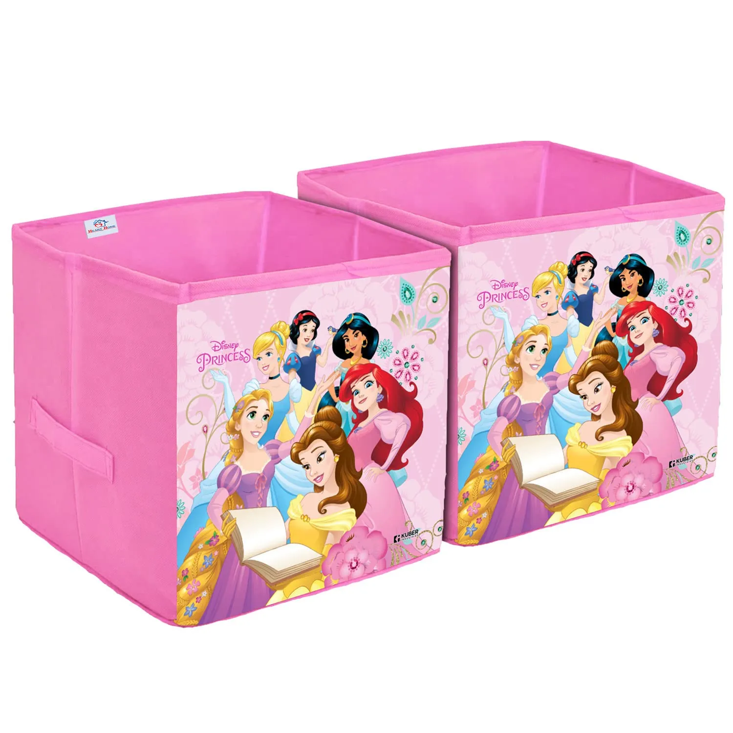 Heart Home Disney Princess Print Storage Box|Foldable Clothes Organizer|Collapsible Storage Basket With Handle For Toys,Books,30 Ltr.Pack of 2 (Pink)