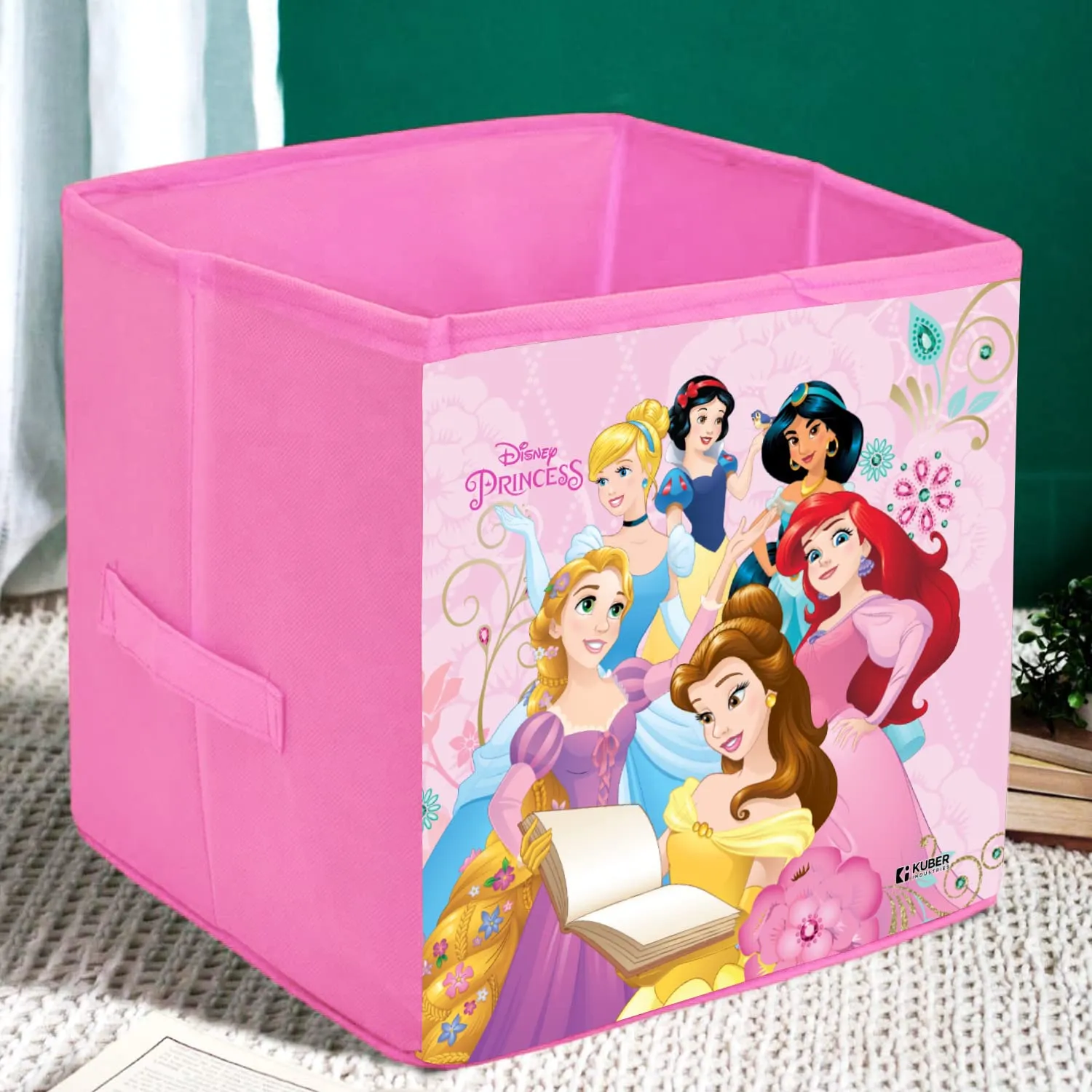 Heart Home Disney Princess Print Storage Box|Foldable Clothes Organizer|Collapsible Storage Basket With Handle For Toys,Books,30 Ltr.Pack of 2 (Pink)